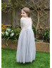 Ivory Lace Gray Tulle Cheap Flower Girl Dress